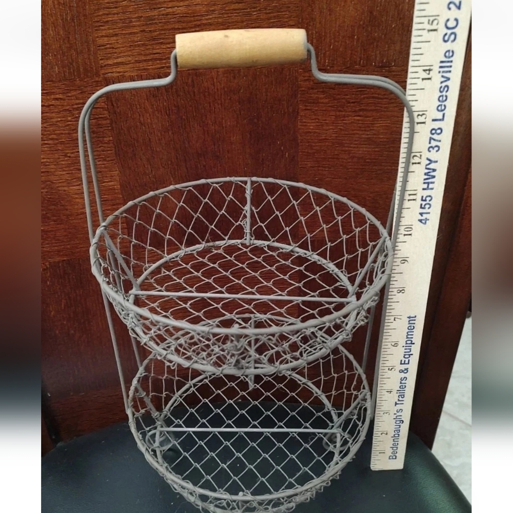 2 Tier Chicken Wire Look Caddy/Basket Wooden Top Handle & Feet Shabby/Farm Style - Picture 5 of 7